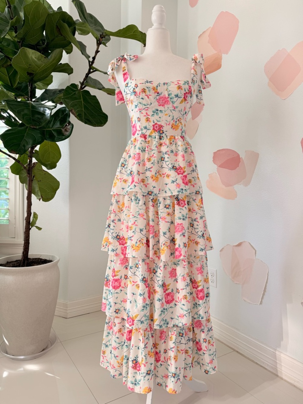 Floral Tiered Maxi Dress with Tie Straps - Cream Pink